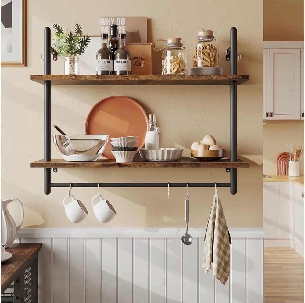 Industrial Rustic 2-Tier Wall Mounted Shelf with Hooks – 31.5" Storage Organizer